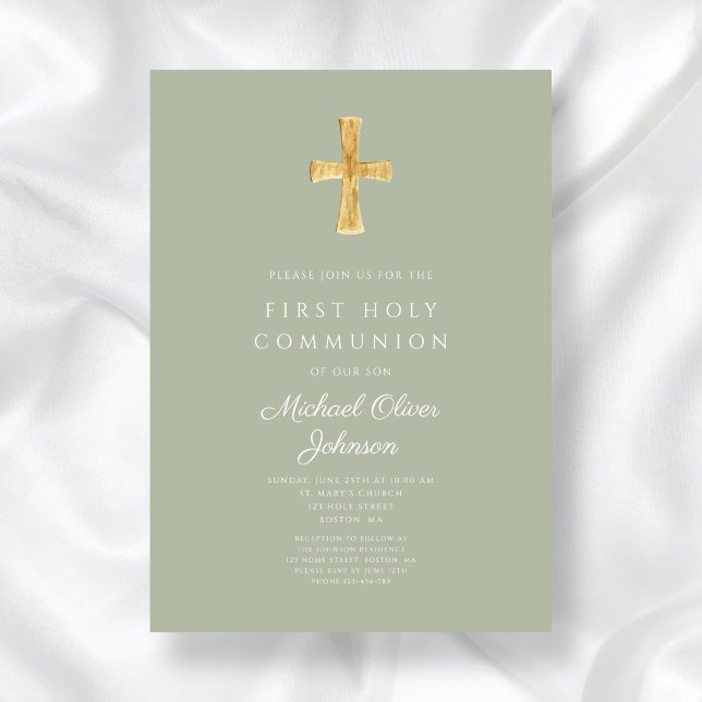 Modern Sage Grönt Kor Religiösa First Communion Inbjudningar (Modern Sage Green Cross Religious First Communion Invitation)