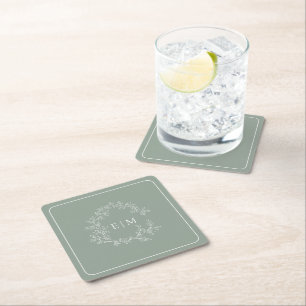 Modern Sage Grönt Leafy Vapensköld Monogram Bröllo Underlägg Papper Kvadrat