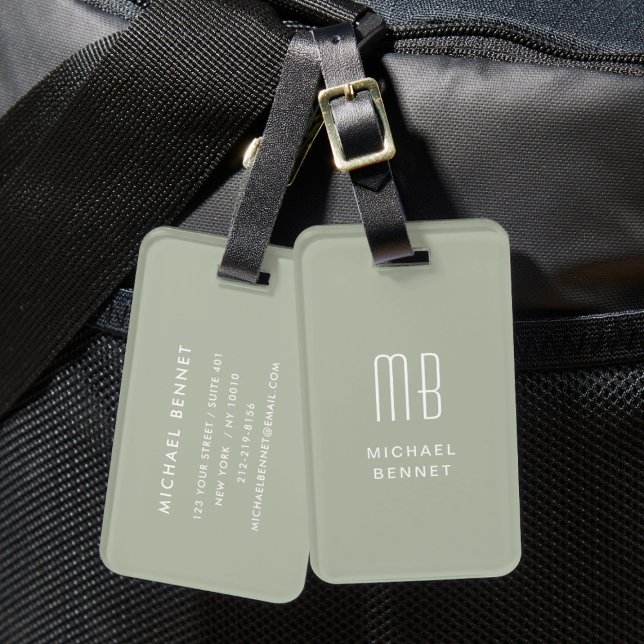 Modern Sage Grönt Monogram Bagagebricka (Modern Sage Green Monogram Luggage Tag)