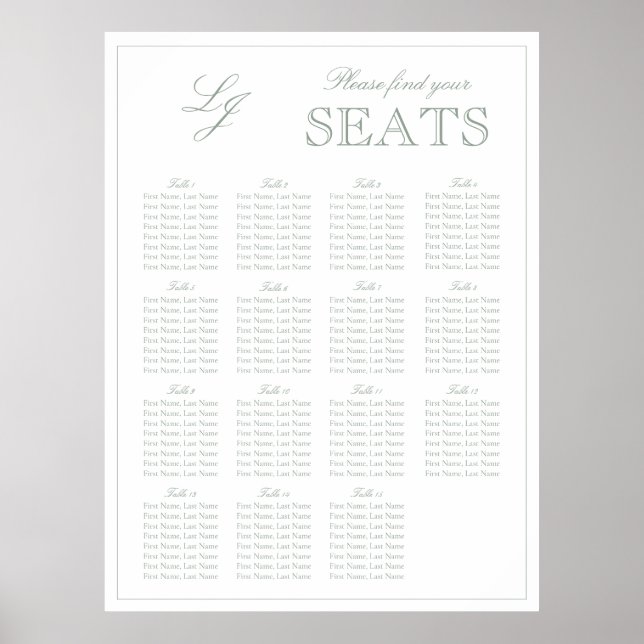 Modern Sage Grönt Monogram Script Bröllop-säte Poster (Framsidan)