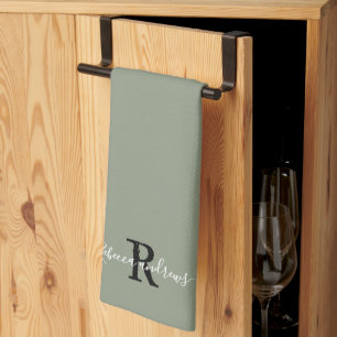 Modern Sage Grönt Monogram Script Initial Namn Kökshandduk