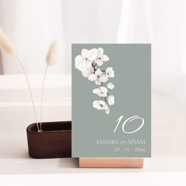 Modern Sage Grönt och White Orchids Bröllop Bordsnummer (Modern Sage Green White Orchids Wedding Table Number)