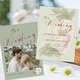 Modern Sage Grönt  Peony Blommigt Photo Bröllop Inbjudningar