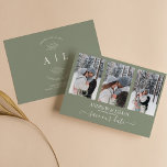 Modern Sage Grönt Photo Collage Monogram Bröllop Spara Datumet<br><div class="desc">Modern Sage Grönt Photo Collage Monogram Bröllop spara datum. Med 3 bilder framtill och enkelt monogram baktill. Anpassa enkelt genom att ersätta varje info. Ladda upp foton från lodrät/porträtt. Kontrollera förhandsgranskningen innan du lägger till i kundvagn. (Exempel på foton från Michail Nilov)</div>
