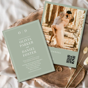 Modern Sage Grönt Photo QR-kod Bröllop Inbjudningar