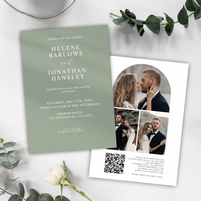 Modern Sage Grönt Photo QR-kod Elegant bröllop Inbjudningar (Modern Sage Green Photo QR Code Elegant Wedding Invitation)