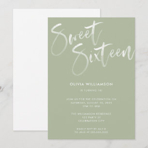 Modern Sage Grönt Push Script Sweet 16 Birthday Inbjudningar