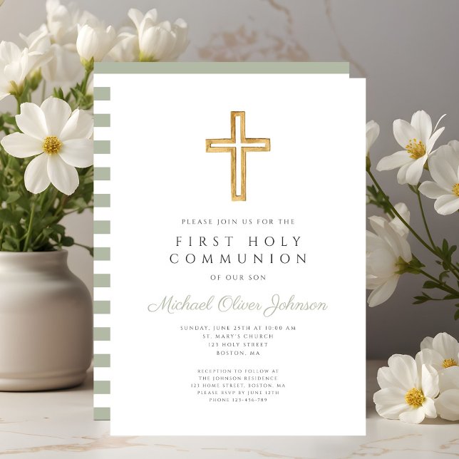 Modern Sage Grönt Rand Kor Första kommunen Inbjudningar (Modern Sage Green Stripes Cross First Communion Invitation)