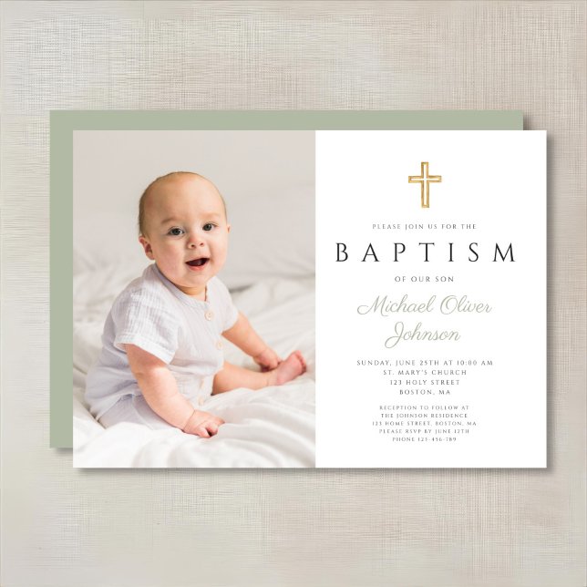Modern Sage Grönt Religiösa Boy Photo Baptism Inbjudningar (Modern Sage Green Religious Boy Photo Baptism Invitation)