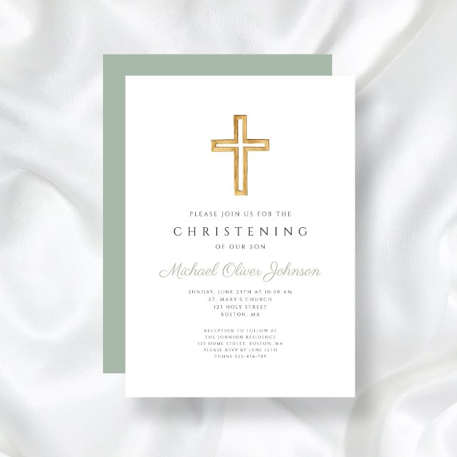Modern Sage Grönt Religiösa Kor Christening Inbjudningar (Modern Sage Green Religious Cross Christening Invitation)