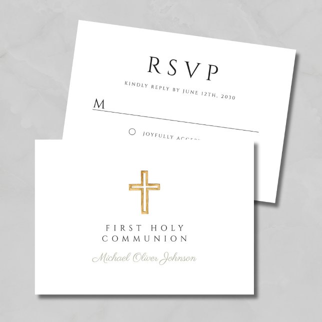 Modern Sage Grönt Religiösa Kor First Communion OSA Kort (Modern Sage Green Religious Cross First Communion RSVP Card)
