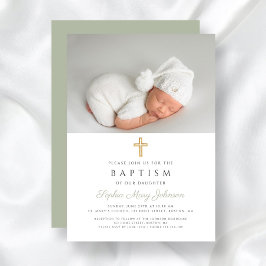 Modern Sage Grönt Religiösa Kor Photo Baptism Inbjudningar