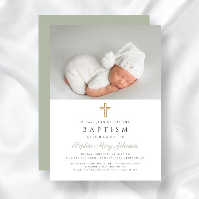 Modern Sage Grönt Religiösa Kor Photo Baptism Inbjudningar (Sage Green Religious Cross Photo Baptism Invitation)