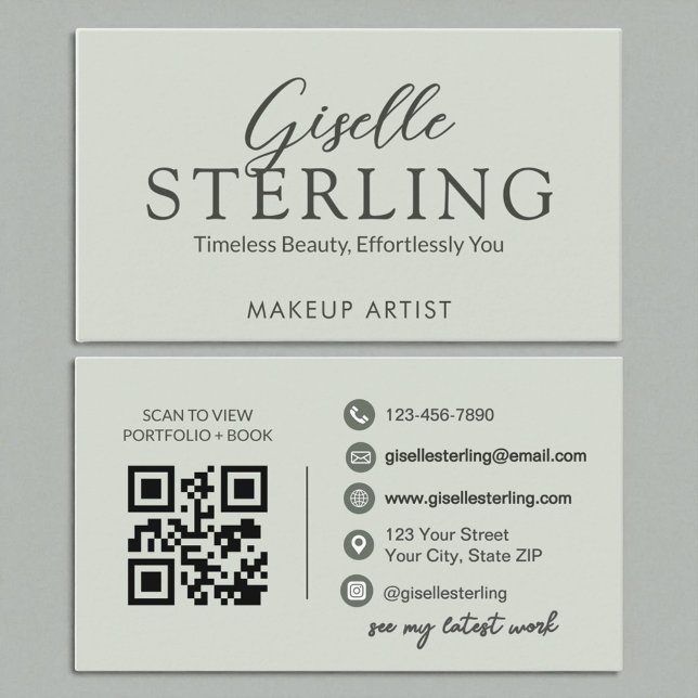 Modern Sage Grönt Script Elegant QR-kod Visitkort (Skapare uppladdad)