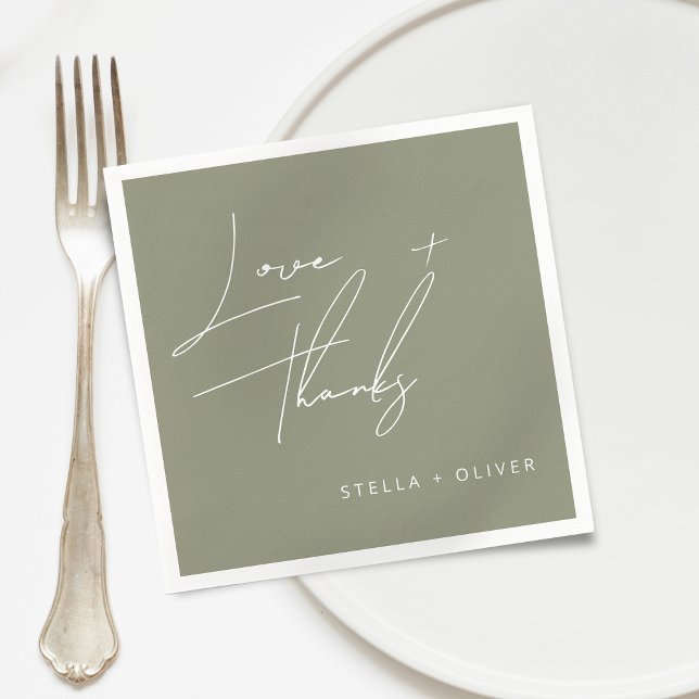 Modern Sage Grönt Script Kärlek Tack Papper Pappersservett (Modern Sage Green Script Love Thanks Paper Napkins)