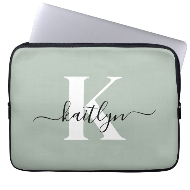Modern Sage Grönt Script Monogram Laptop Fodral (Framsidan)