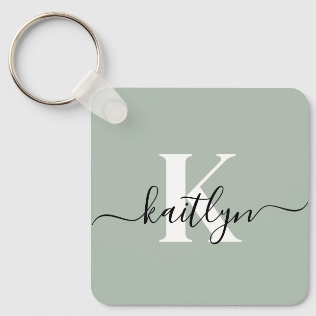 Modern Sage Grönt Script Monogram Nyckelring (Framsida)