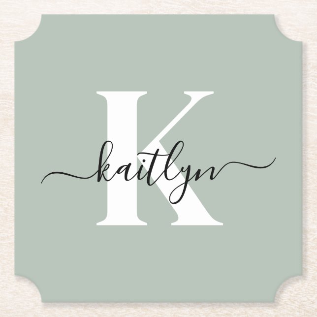 Modern Sage Grönt Script Monogram Underlägg Papper (Framsida)