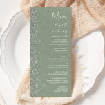 Modern Sage Grönt Silver Glitter Kant Bröllop Meny<br><div class="desc">Den moderna bröllop-menyn på den lämnat kant i eleganten har en silver faux glitter-design. Anpassadet kombinerar vit handskrift,  tryckplåt och kursivt typsnitt mot bakgrund av grönten. Den omvända sidan har en matchande sidstorlek och silver glitter-grönt.</div>