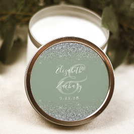 Modern Sage Grönt Silver Glitter Kant Bröllop Runt Klistermärke