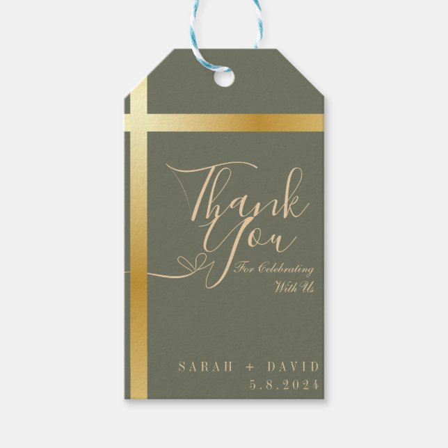 Modern Sage Grönt Tack Calligraphy Bröllop Presentetikett (Framsidan)
