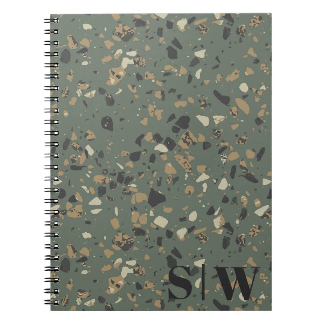 Modern Sage Grönt Tan Terrazzo Initialer Monogram  Anteckningsbok (Framsidan)