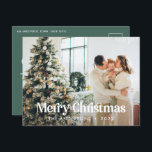 Modern sage grönt vattencolor botanisk typografi helg vykort<br><div class="desc">Modern fullt utfallsfoto elegant Rustik vattenfärg torkad botanisk blommigt muterade färg helgdag julkort. Sage grönt,  jägare grönt,  svart,  vit och brun modern på trendfärgen.</div>