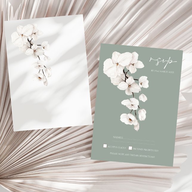 Modern Sage Grönt White Orchid Bröllop OSA Kort (Modern Sage Green White Orchids Wedding RSVP Cards)