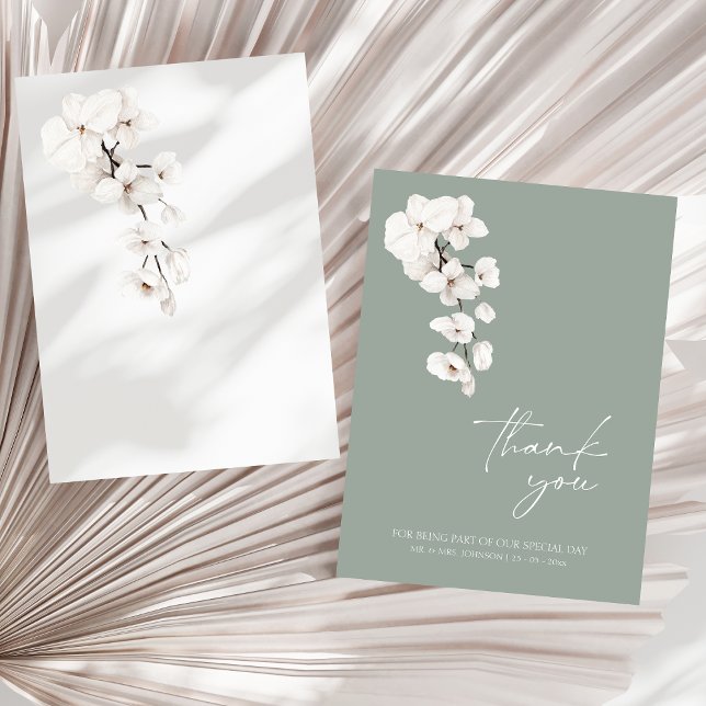 Modern Sage Grönt White Orchid Bröllop Tack Kort (Modern Sage Green White Orchids Wedding Thank You Card)