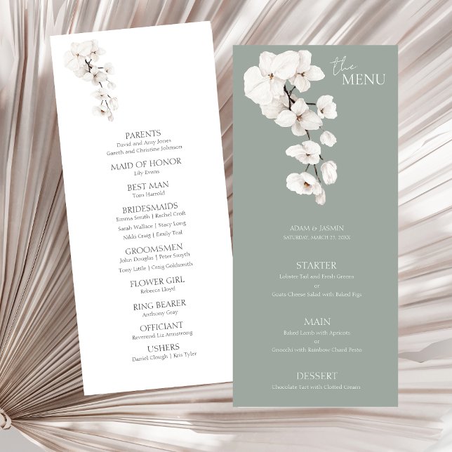 Modern Sage Grönt White Orchids Bröllop Menu (Modern Sage Green White Orchids Wedding Menu Cards)