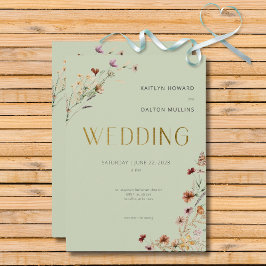 Modern Sage Grönt WildblomBouquet Bröllop Inbjudningar