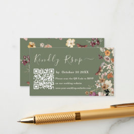 Modern Sage Grönt Wildblomma Qr Code Osa Bröllop Tilläggskort