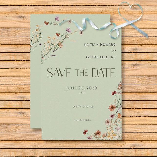 Modern Sage Grönt Wildblommor Bouquet Bröllop Spara Datumet (Modern Sage Green Wildflower Bouquet Wedding Save the Date Card)
