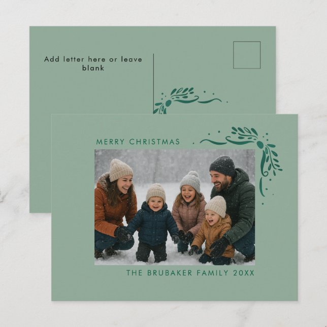 Modern Sage Hand Drawn Bows Christmas Photo Helg Vykort (Fram/baksida)