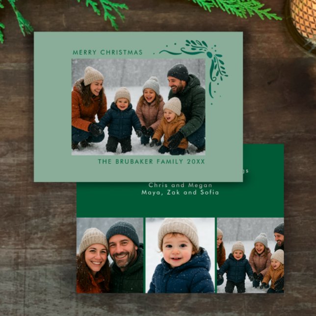 Modern Sage Hand Drawn Bows Christmas Photo Julkort (Add your name and photos to this original sage greenery and bows modern budget Christmas photo card.)