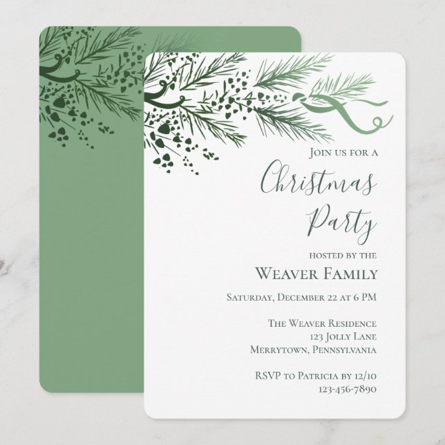 Modern Sage Hand plockade Gräs jul Party Inbjudningar (Fram/baksida)