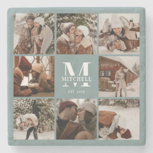 Modern Sage Monogram - första familjen Namn och fo Stenunderlägg