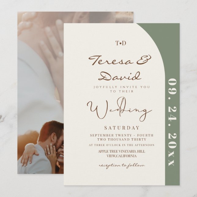 Modern Sage Photo Wedding Inbjudningar (Fram/baksida)