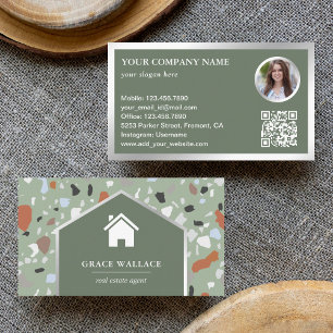 Modern Sage Terrazzo Fastighets Foto QR-kod Visitkort