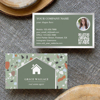 Modern Sage Terrazzo Real Gods Photo QR-kod Visitkort