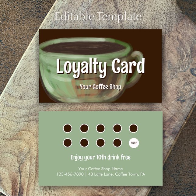 Modern Sage Unik Konst Kaffebutik Belöning Lojalitetskort (Customize this unique modern art coffee shop customer loyalty cards. An editable sage rewards card.
)