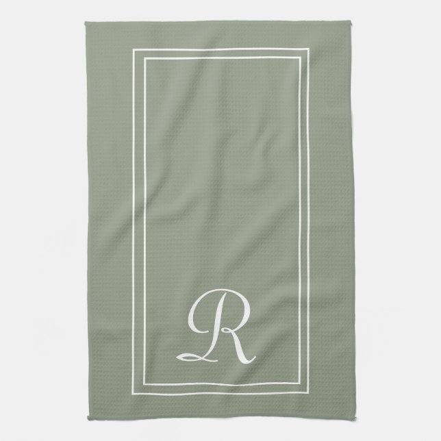 Modern Sage & White Stripe Monogram Personalised  Kökshandduk (Vertikal)