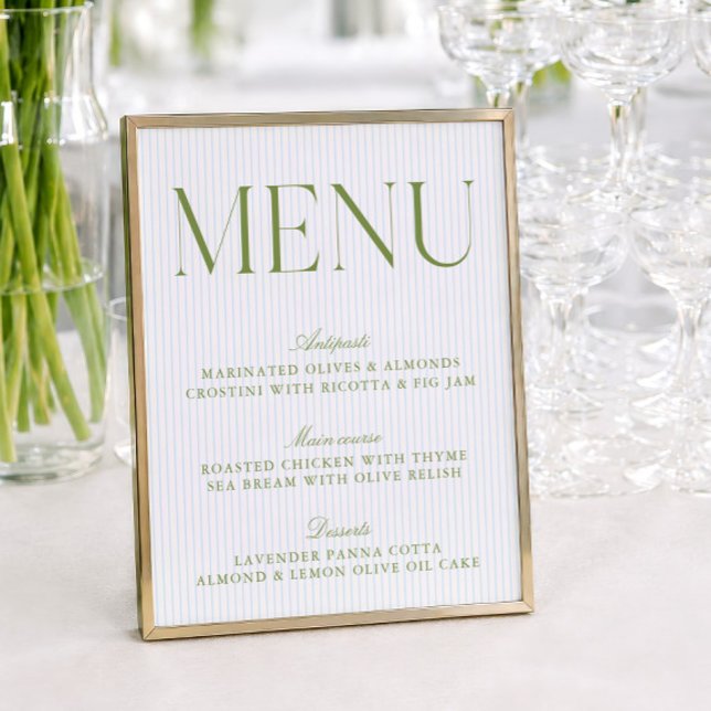 Modern Sagegrön & Blå Randig Bröllopsmeny (Modern Sage Green & Blue Stripes Wedding Menu)