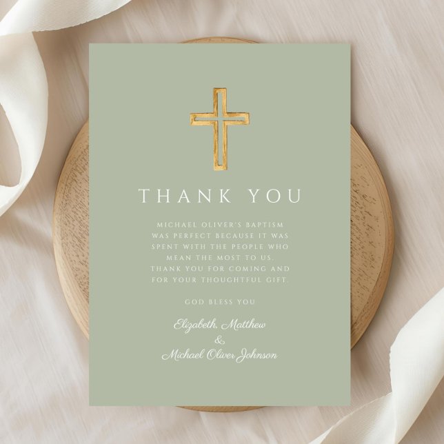 Modern sagegrön dopkorsfönster tack kort (Modern Sage Green Cross Baptism Thank You Card)