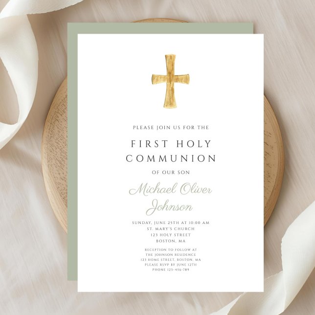 Modern Sagegrön Kors Första Kommunion Inbjudningar (Modern Sage Green Cross First Communion Invitation )