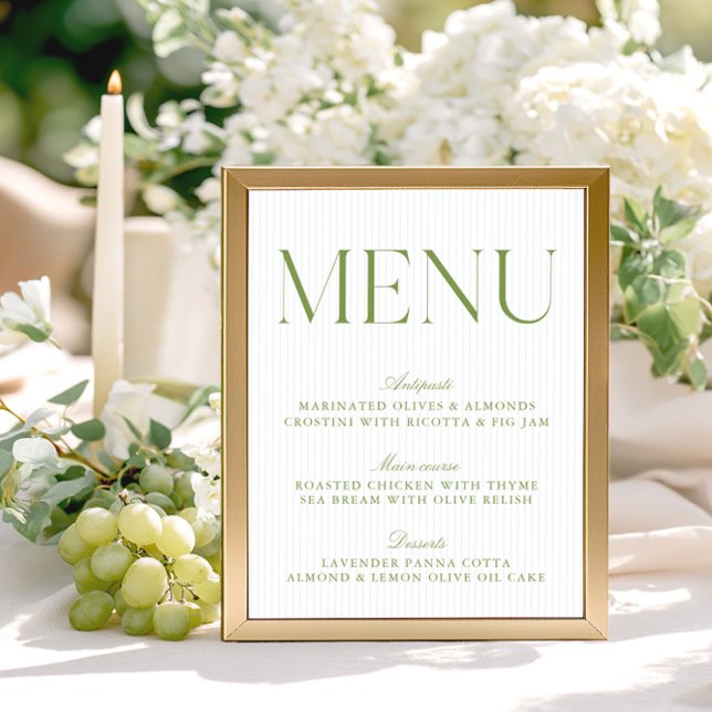 Modern Sagegrön & Mjuk Blå Ränder Bröllopsmeny (Modern Sage Green & Soft Blue Stripes Wedding Menu)