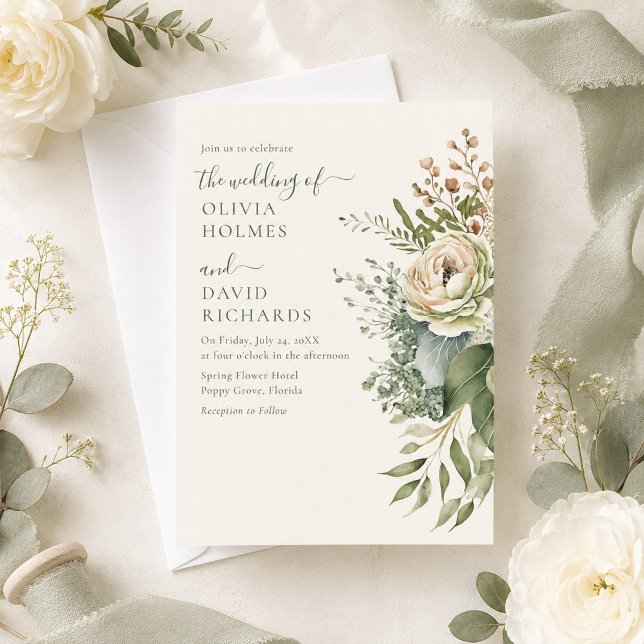 Modern Sagegrön och Elfenbensfärgad Bröllop med Vi Inbjudningar (Boho Sage Green and Ivory Widlflowers Wedding Invitation on table with ivory roses and ribbons)