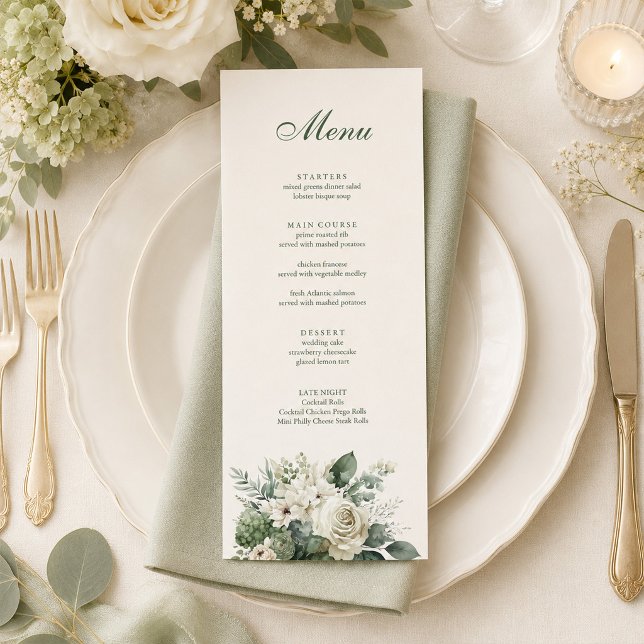Modern Sagegrön och Elfenbensvita Blommor Bröllop Meny (Boho Sage Green and Ivory Flowers Wedding Menu on an elegant wedding dinner table with flowers)