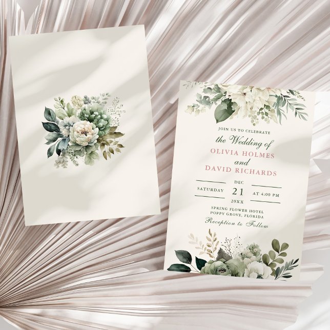Modern Sagegrön och Elfenbensvita Bröllopsblommor Inbjudningar (Modern Sage Green and Ivory Flowers Wedding Invitation on a sunny neutral dry palm leaf.)