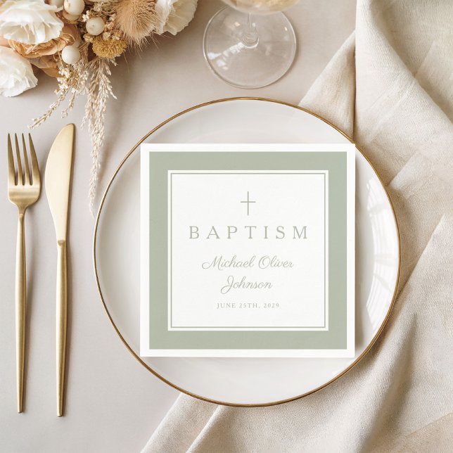 Modern Sagegrön Religiös Kors Pojke Dop Pappersservett (Modern Sage Green Religious Cross Boy Baptism Napkins)